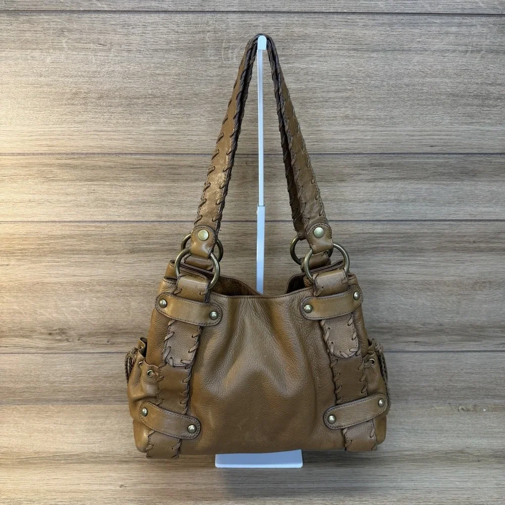 Kooba Sienna Leather Satchel Handbag Tan Whipstitch Braided Hobo Bag Vintage Y2K